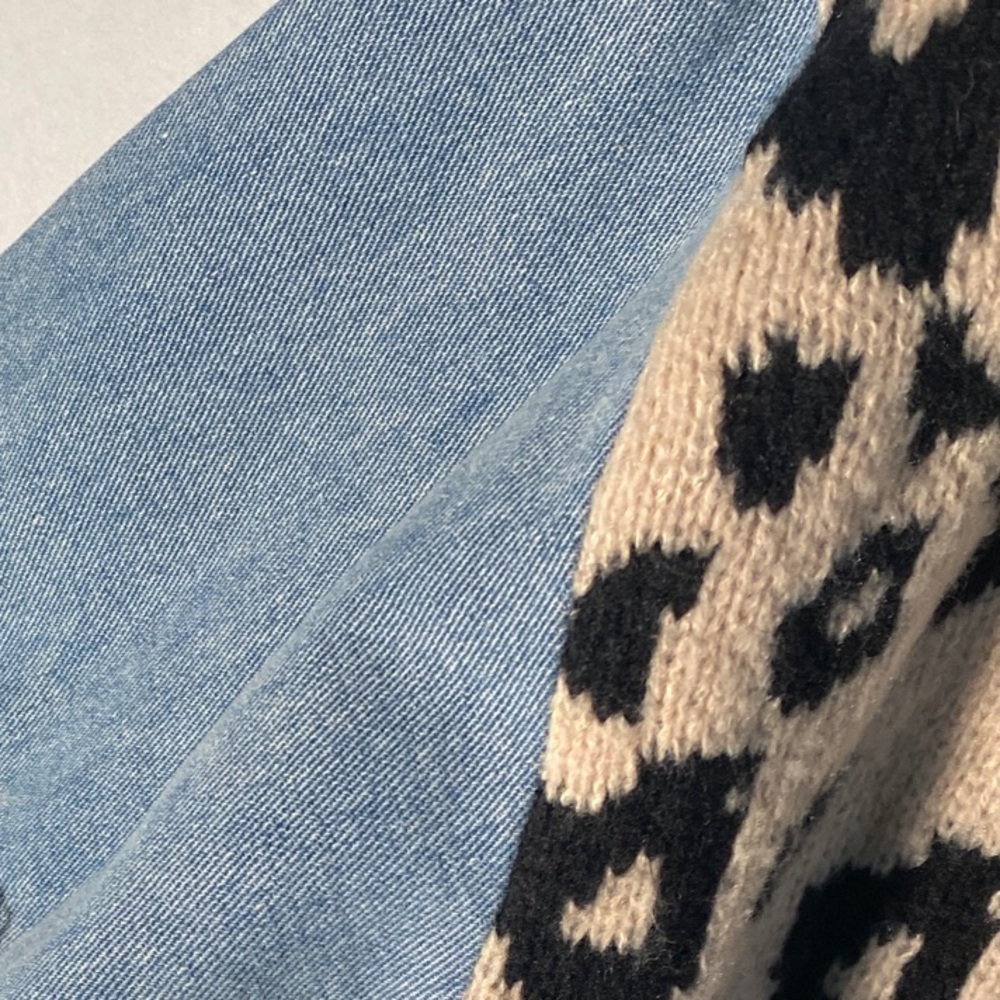 BiBi Patchwork Leopard Cable Knit Sweater Denim S… - image 5